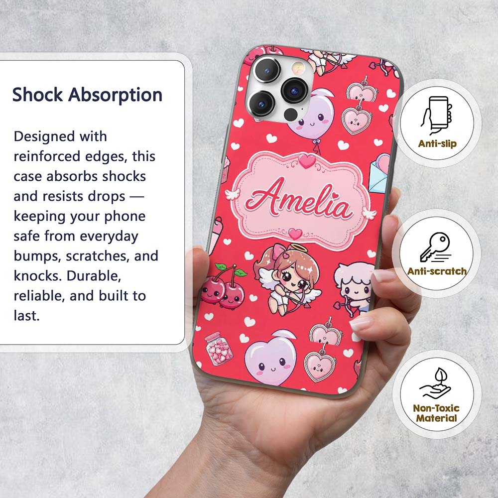 Cupid Angels Hearts Sweets Kawaii Printed Design Custom Name Protective Phone Case Mobile Cover Durable Everyday Smartphone Shock Resistant