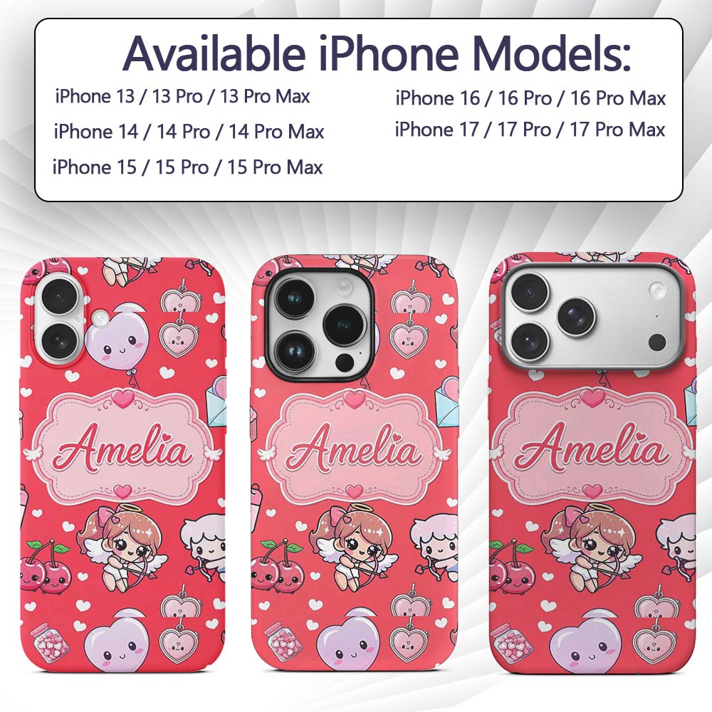 Cupid Angels Hearts Sweets Kawaii Printed Design Custom Name Protective Phone Case Mobile Cover Durable Everyday Smartphone Shock Resistant