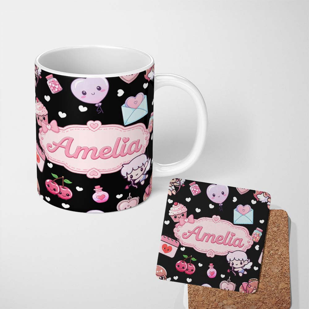 Personalized Custom Name Cupid Angels Hearts Sweets Kawaii Valentine Seamless Pattern Yellow 11oz Ceramic Coffee Tea Mug White Large Handle