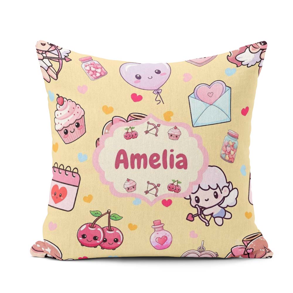 Custom Name Valentine Bears Cakes Sweets Hearts Seamless Pattern Square Filled Cushion Throw Pillow Sofa Bed Home Decor Zip Washable UK Made
