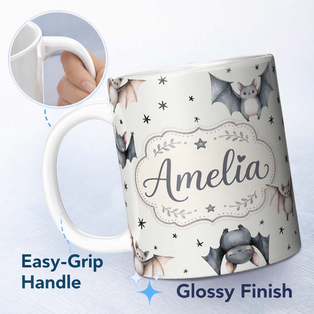 Personalized Custom Name Cute Baby Bats Flying with Stars Soft Grey Background Seamless 11oz Ceramic Coffee Tea Mug White Large Handle