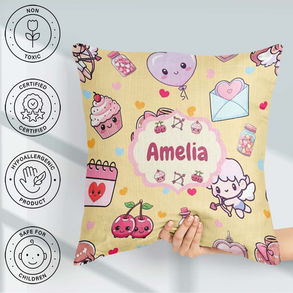 Custom Name Valentine Bears Cakes Sweets Hearts Seamless Pattern Square Filled Cushion Throw Pillow Sofa Bed Home Decor Zip Washable UK Made