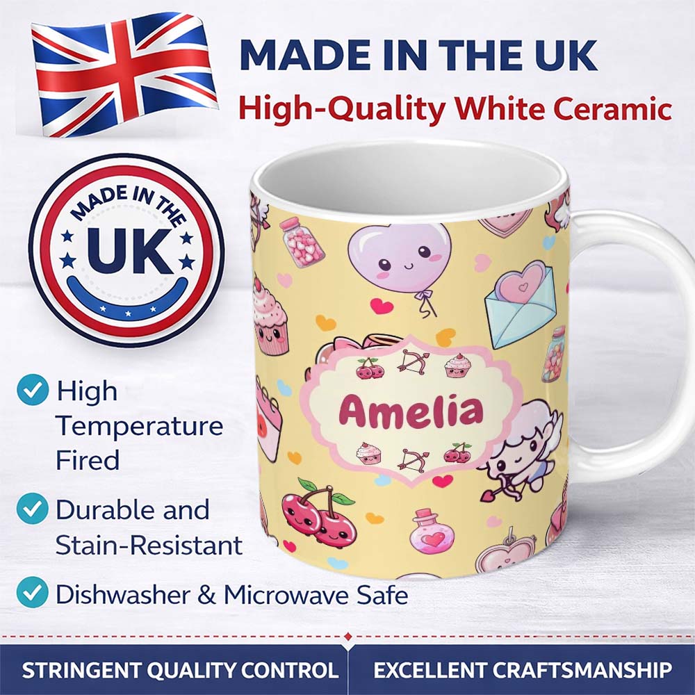 Personalized Custom Name Cute Valentine Bears Cakes Sweets Hearts Kawaii Seamless Pattern 11oz Ceramic Coffee Tea Mug White Large Handle