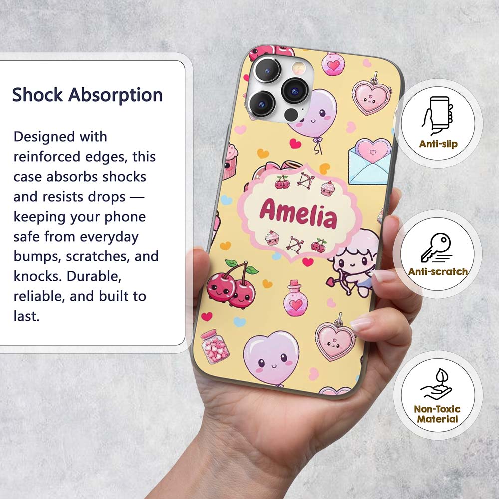 Cute Valentine Bears Cakes Sweets Hearts Kawaii Custom Name Protective Phone Case Mobile Cover Durable Everyday Smartphone Shock Resistant