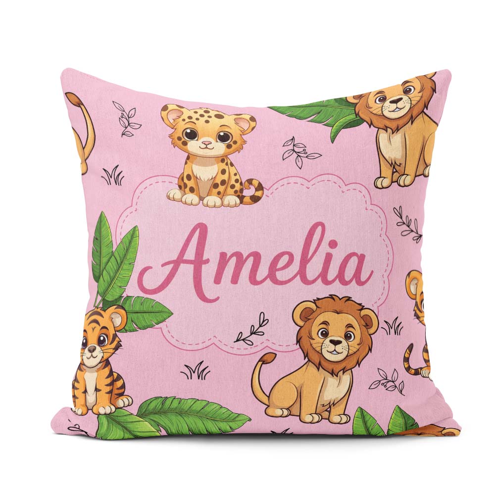 Custom Name Cute Jungle Animals Lion Tiger Leopard Pink Tropical Square Filled Cushion Throw Pillow Sofa Bed Home Decor Zip Washable UK Made