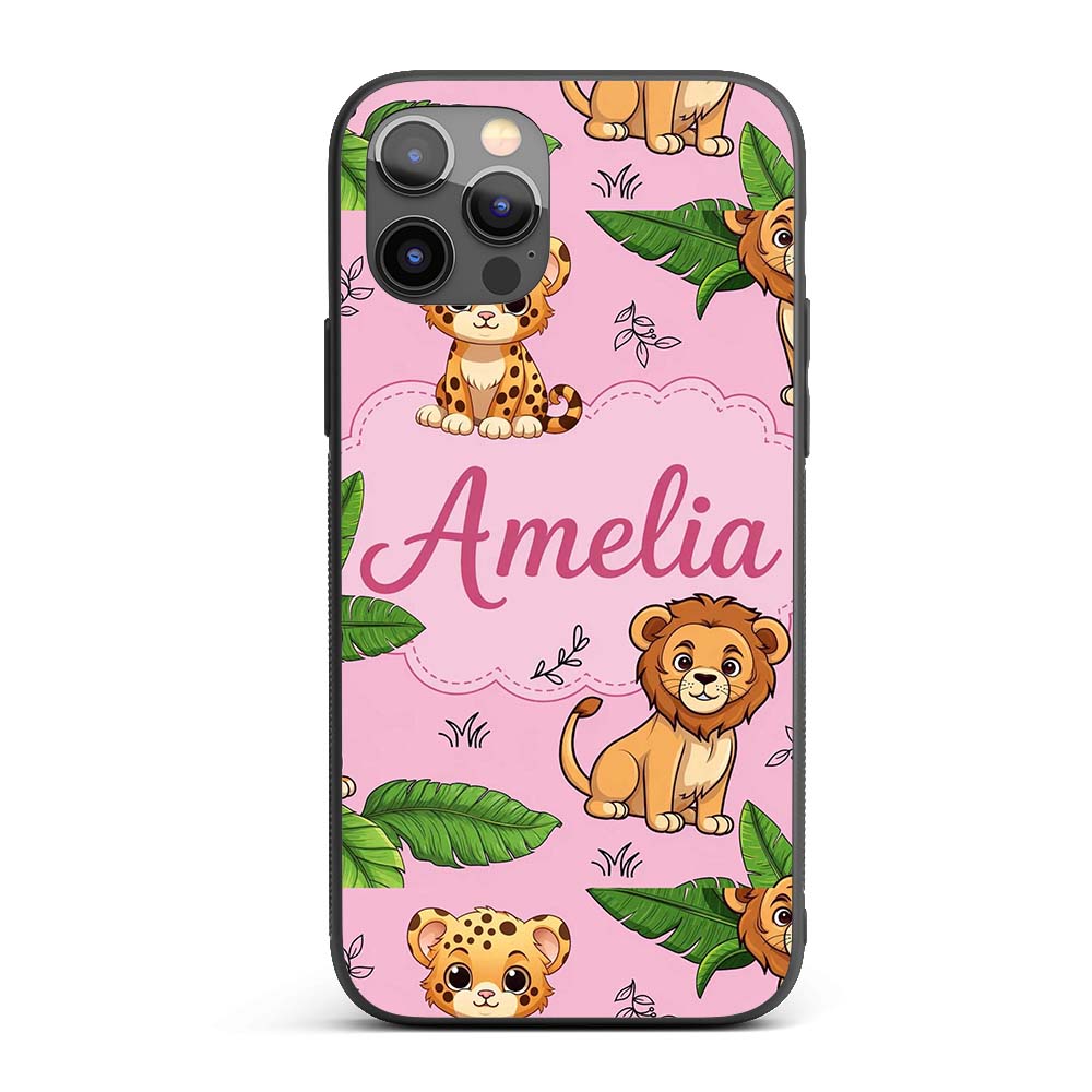 Cute Jungle Animals Lion Tiger Printed Design Custom Name Protective Phone Case Mobile Cover Durable Everyday Smartphone Shock Resistant