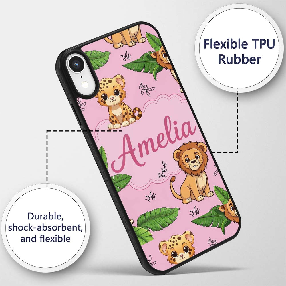 Cute Jungle Animals Lion Tiger Printed Design Custom Name Protective Phone Case Mobile Cover Durable Everyday Smartphone Shock Resistant