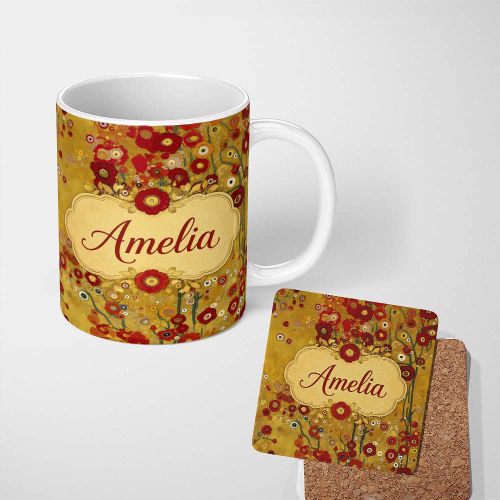 Personalized Custom Name Abstract Circular Floral Yellow Artistic Modern Seamless Pattern 11oz Ceramic Coffee Tea Mug White Large Handle