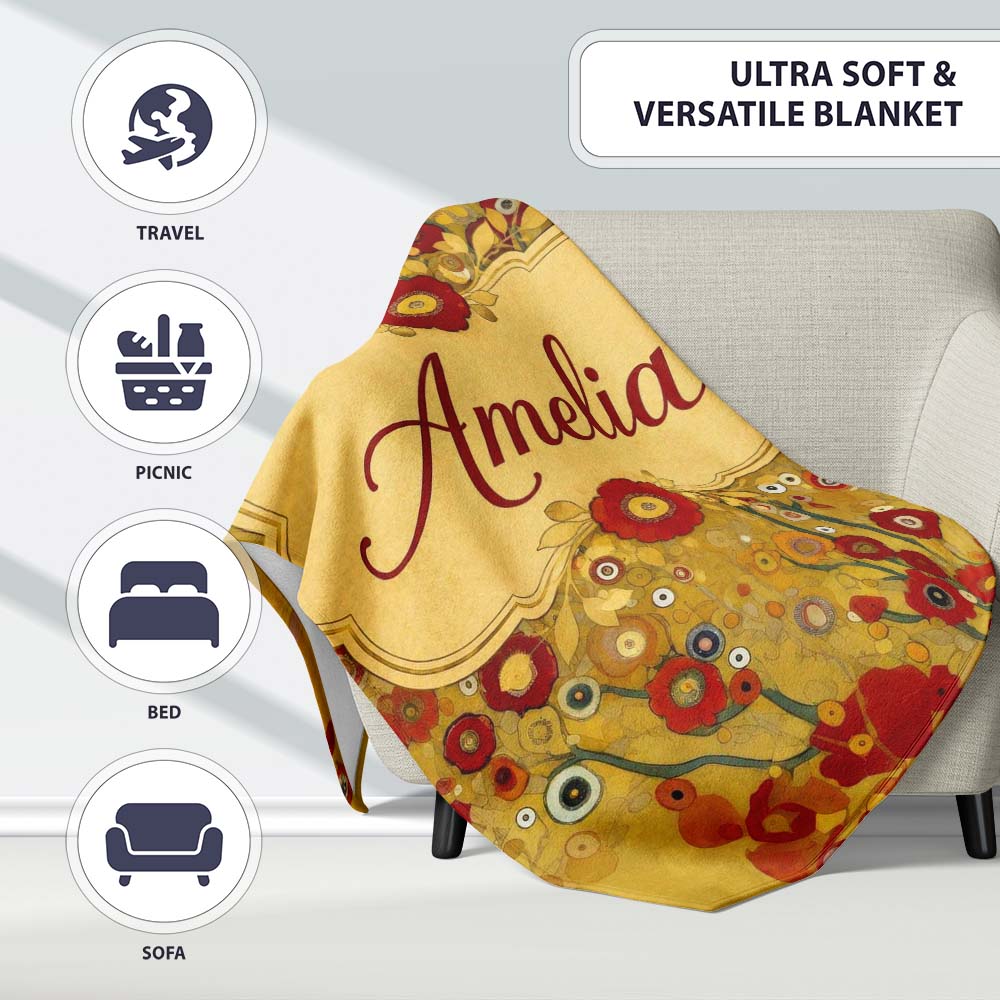 Abstract Circular Floral Yellow Artistic Modern Seamless Pattern Personalised Custom Name Super Soft Fleece Blanket Bed Sofa Throw