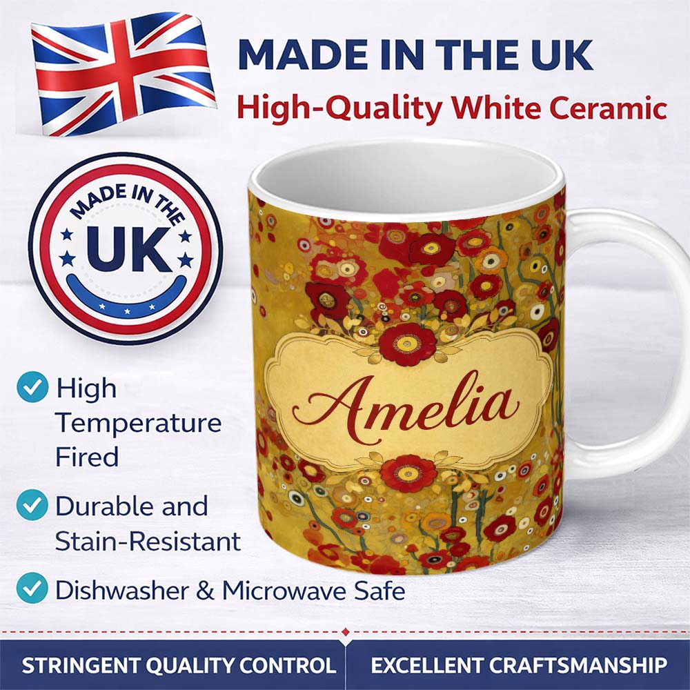 Personalized Custom Name Abstract Circular Floral Yellow Artistic Modern Seamless Pattern 11oz Ceramic Coffee Tea Mug White Large Handle