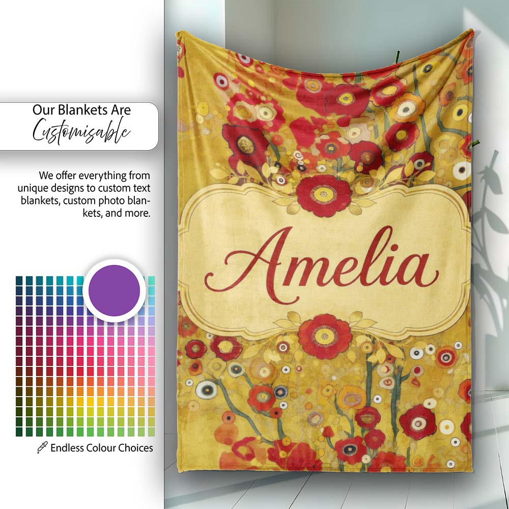 Abstract Circular Floral Yellow Artistic Modern Seamless Pattern Personalised Custom Name Super Soft Fleece Blanket Bed Sofa Throw