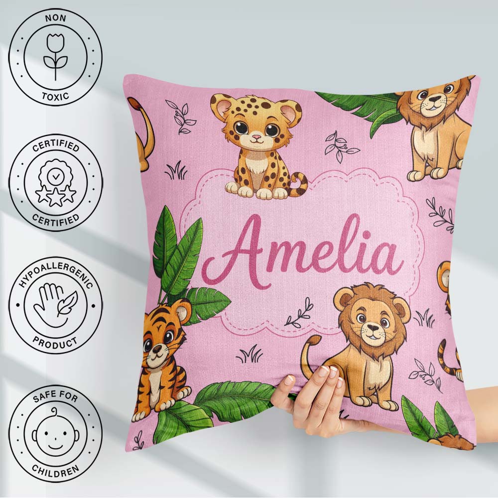 Custom Name Cute Jungle Animals Lion Tiger Leopard Pink Tropical Square Filled Cushion Throw Pillow Sofa Bed Home Decor Zip Washable UK Made