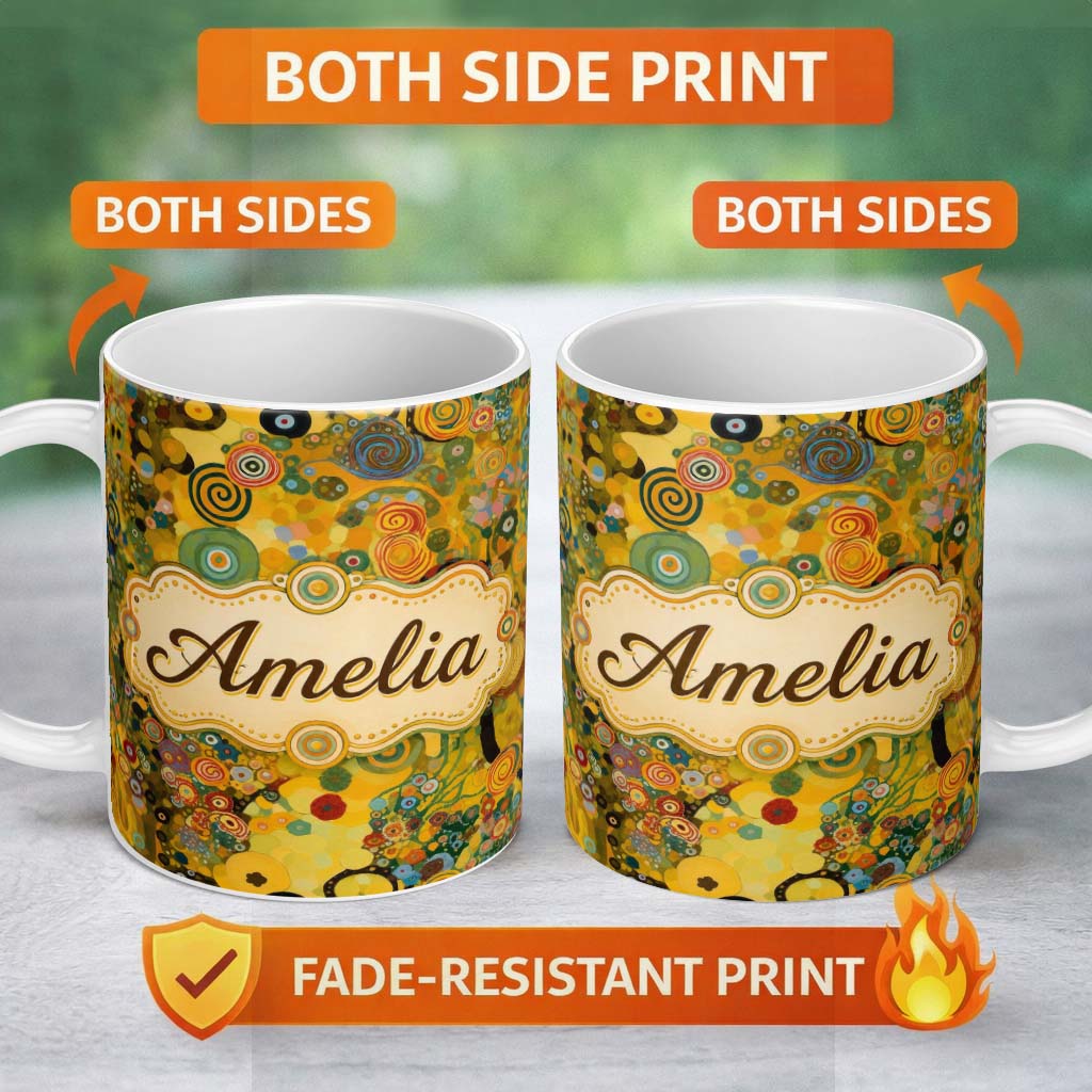 Personalized Custom Name Abstract Colorful Floral Garden Artistic Modern Seamless Pattern 11oz Ceramic Coffee Tea Mug White Large Handle