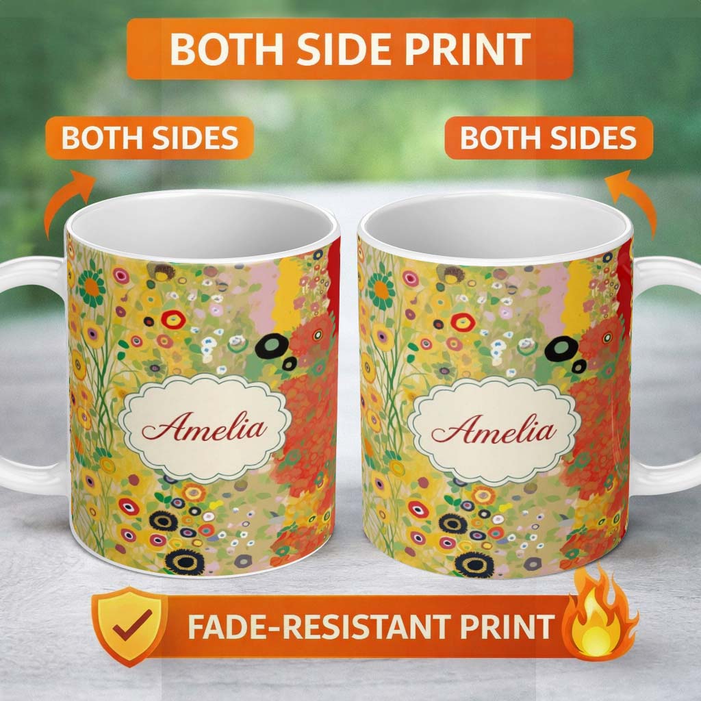 Personalized Custom Name Abstract Golden Floral Ornamental Artistic Seamless Pattern Name 11oz Ceramic Coffee Tea Mug White Large Handle