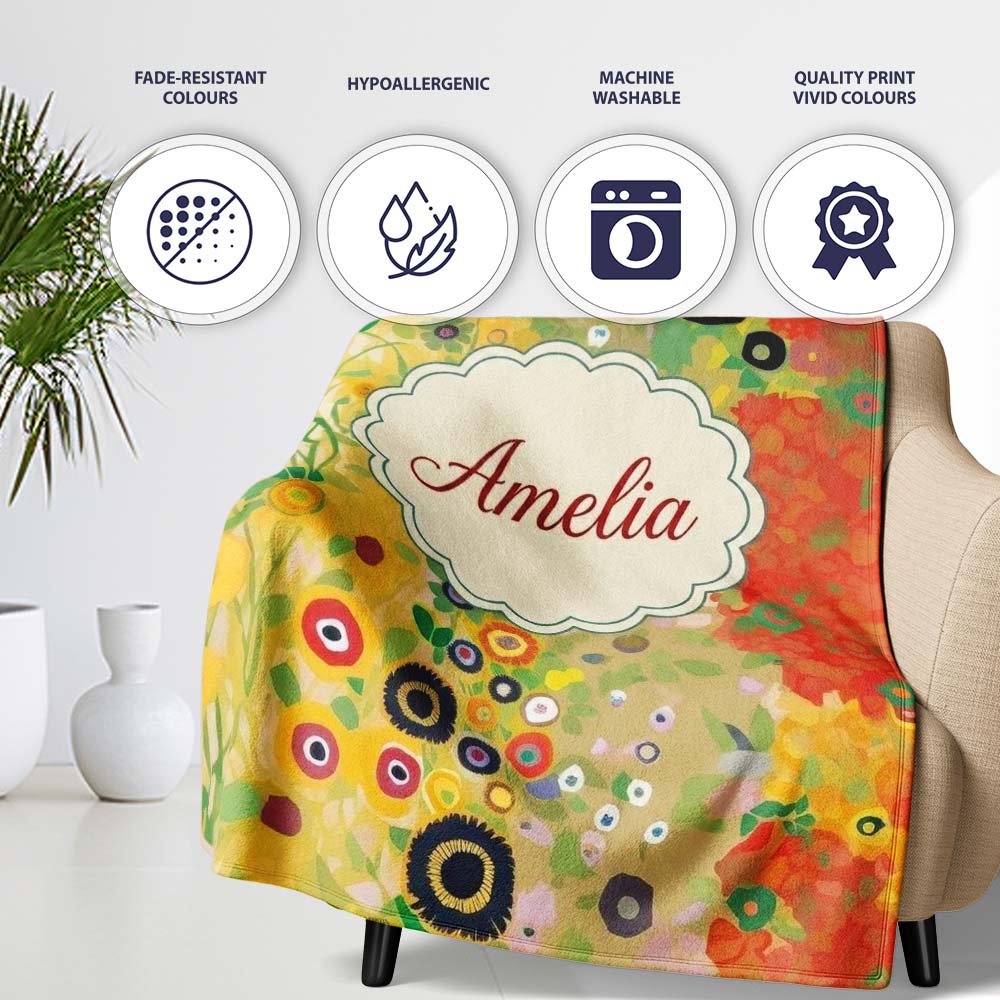 Abstract Golden Floral Ornamental Artistic Seamless Pattern Name Personalised Custom Name Super Soft Fleece Blanket Bed Sofa Throw
