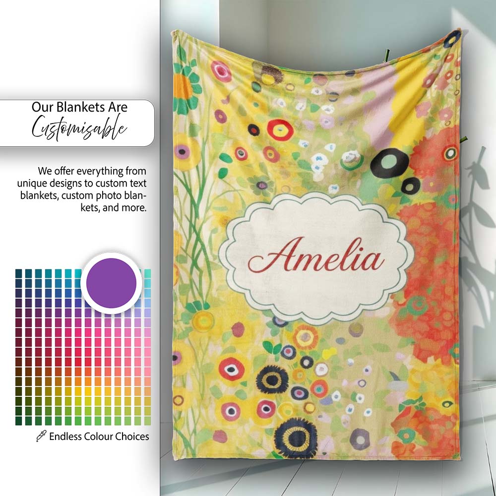 Abstract Golden Floral Ornamental Artistic Seamless Pattern Name Personalised Custom Name Super Soft Fleece Blanket Bed Sofa Throw