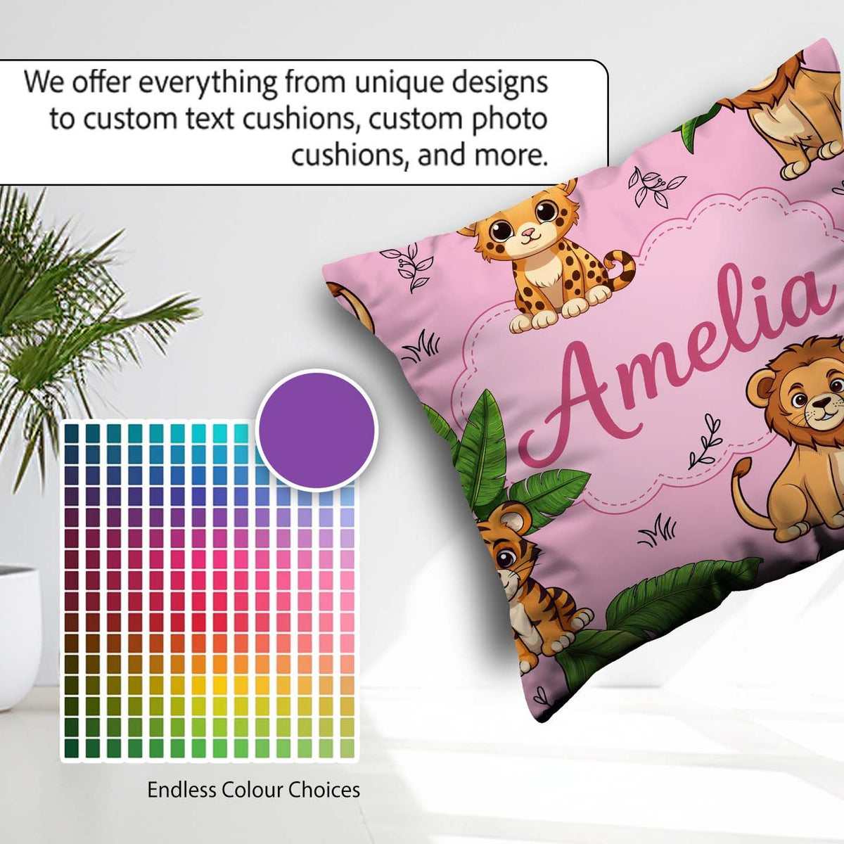 Custom Name Cute Jungle Animals Lion Tiger Leopard Pink Tropical Square Filled Cushion Throw Pillow Sofa Bed Home Decor Zip Washable UK Made