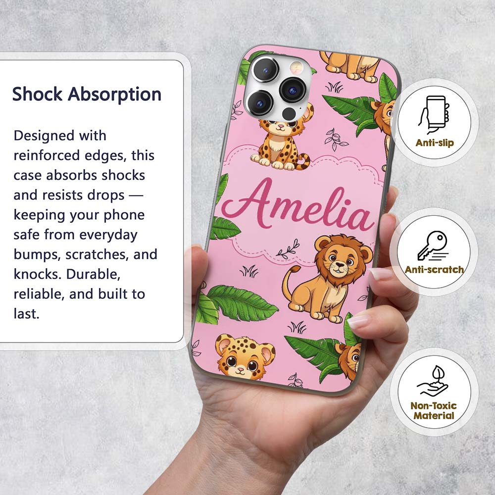 Cute Jungle Animals Lion Tiger Printed Design Custom Name Protective Phone Case Mobile Cover Durable Everyday Smartphone Shock Resistant