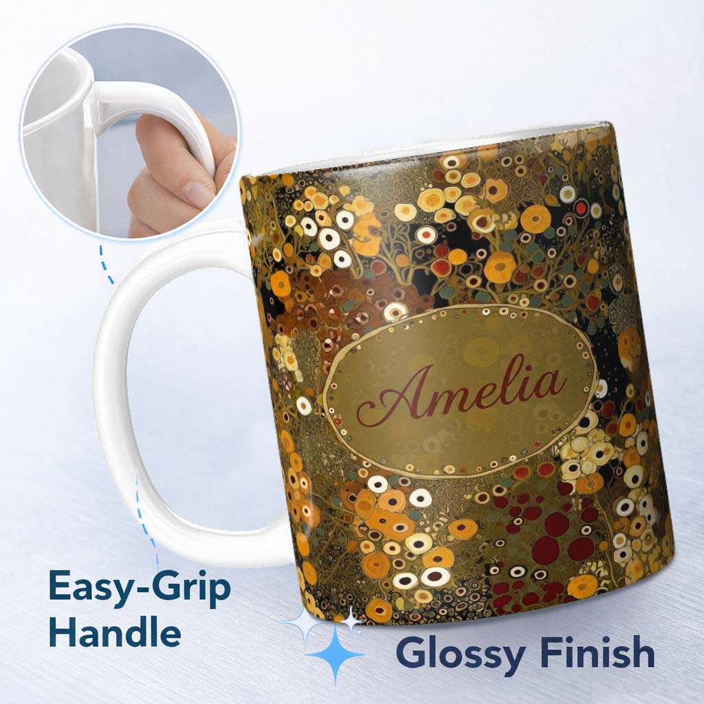 Personalized Custom Name Abstract Golden Brown Floral Ornamental Artistic Seamless Pattern 11oz Ceramic Coffee Tea Mug White Large Handle