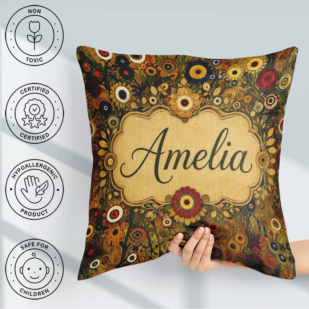 Custom Name Abstract Floral Circles Pattern Earth Tones Artistic Square Filled Cushion Throw Pillow Sofa Bed Home Decor Zip Washable UK Made