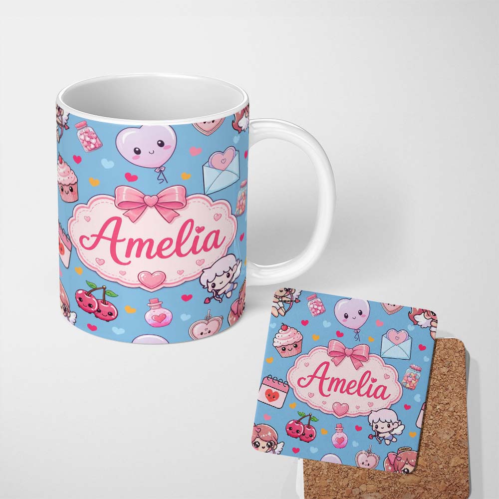 Personalized Custom Name Cute Cupid Angels Hearts Sweets Balloon Love Elements Pattern Blue 11oz Ceramic Coffee Tea Mug White Large Handle