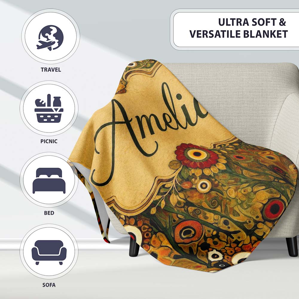 Abstract Floral Circles Pattern Warm Earth Tones Artistic Seamless Personalised Custom Name Super Soft Fleece Blanket Bed Sofa Throw