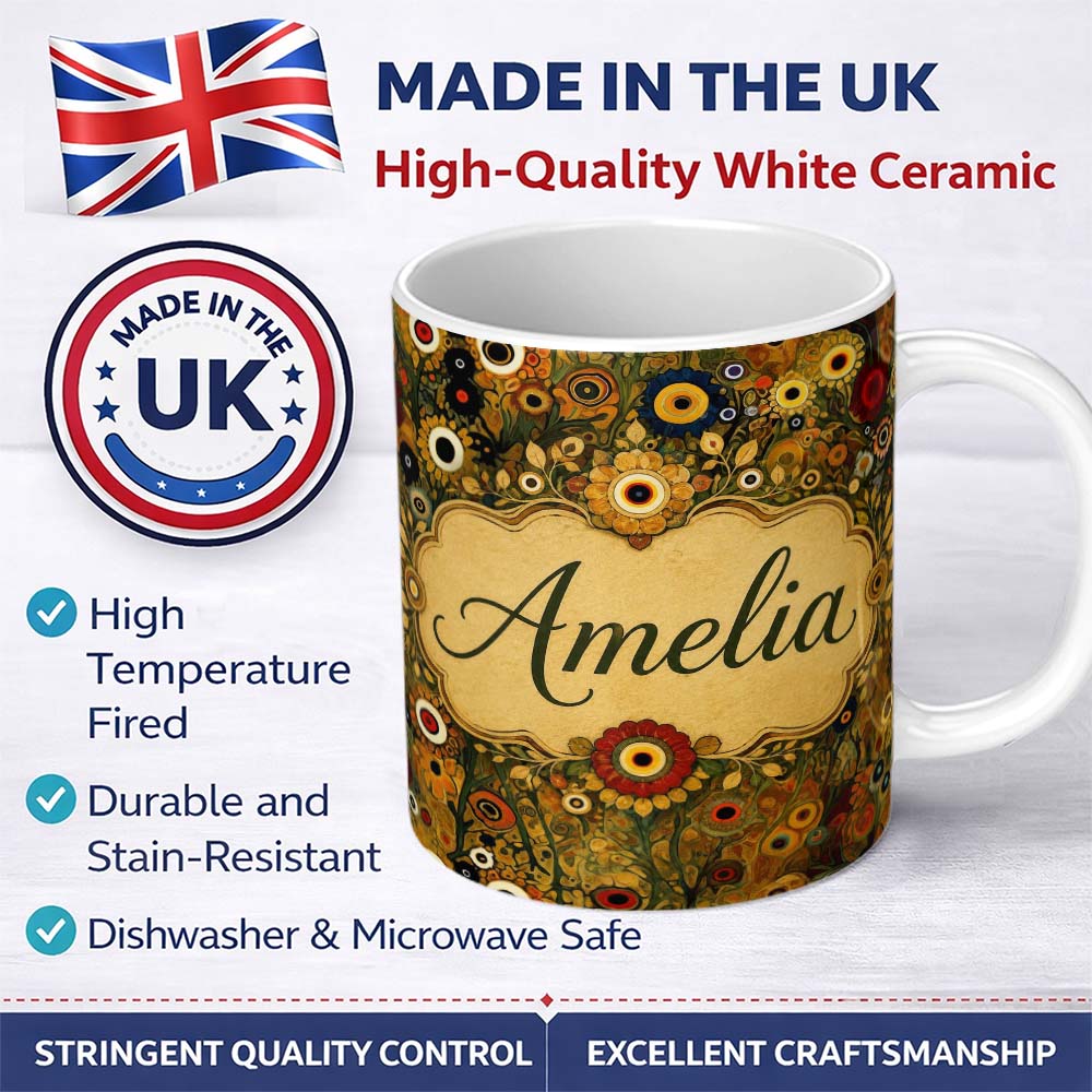 Personalized Custom Name Abstract Floral Circles Pattern Warm Earth Tones Artistic Seamless 11oz Ceramic Coffee Tea Mug White Large Handle