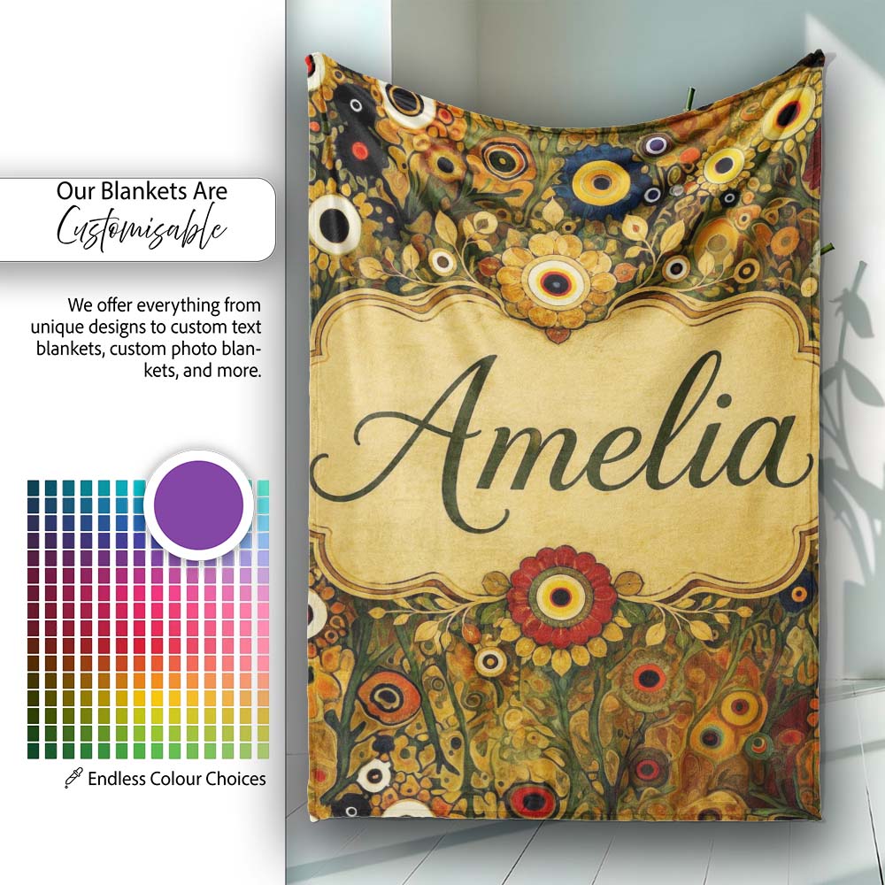 Abstract Floral Circles Pattern Warm Earth Tones Artistic Seamless Personalised Custom Name Super Soft Fleece Blanket Bed Sofa Throw