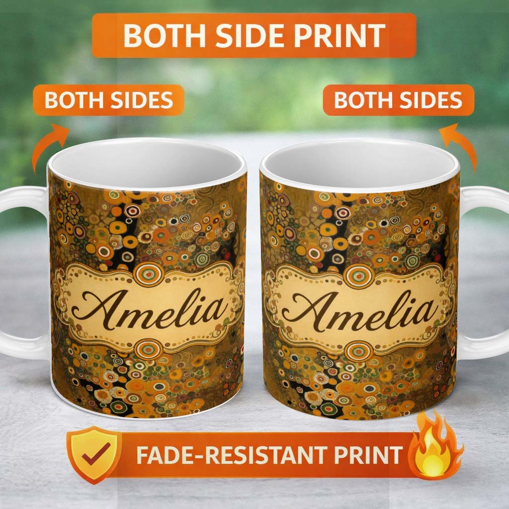 Personalized Custom Name Golden Abstract Mosaic Circles Flowing Organic Shapes Seamless 11oz Ceramic Coffee Tea Mug White Large Handle