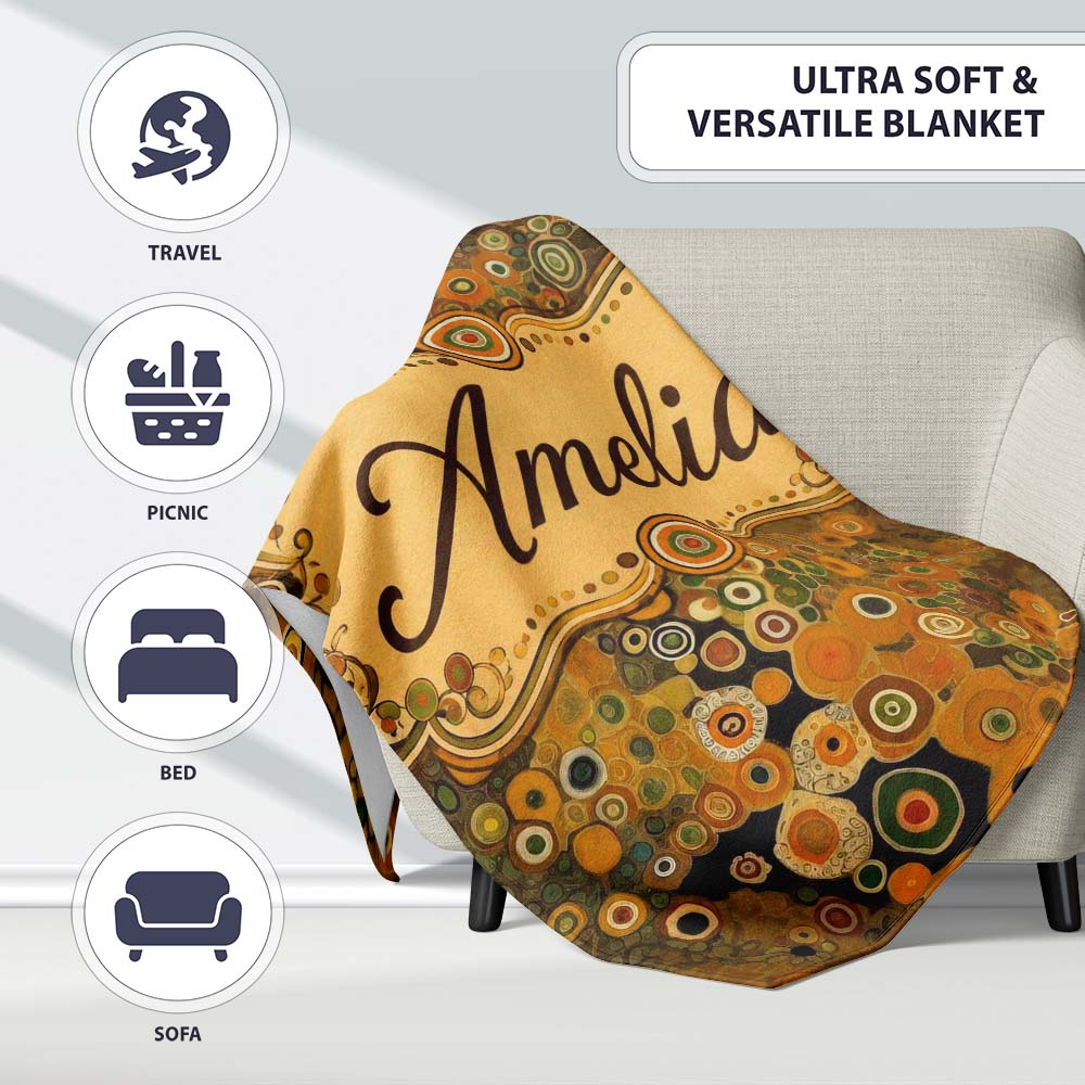 Golden Abstract Mosaic Circles Flowing Organic Shapes Seamless Personalised Custom Name Super Soft Fleece Blanket Bed Sofa Throw