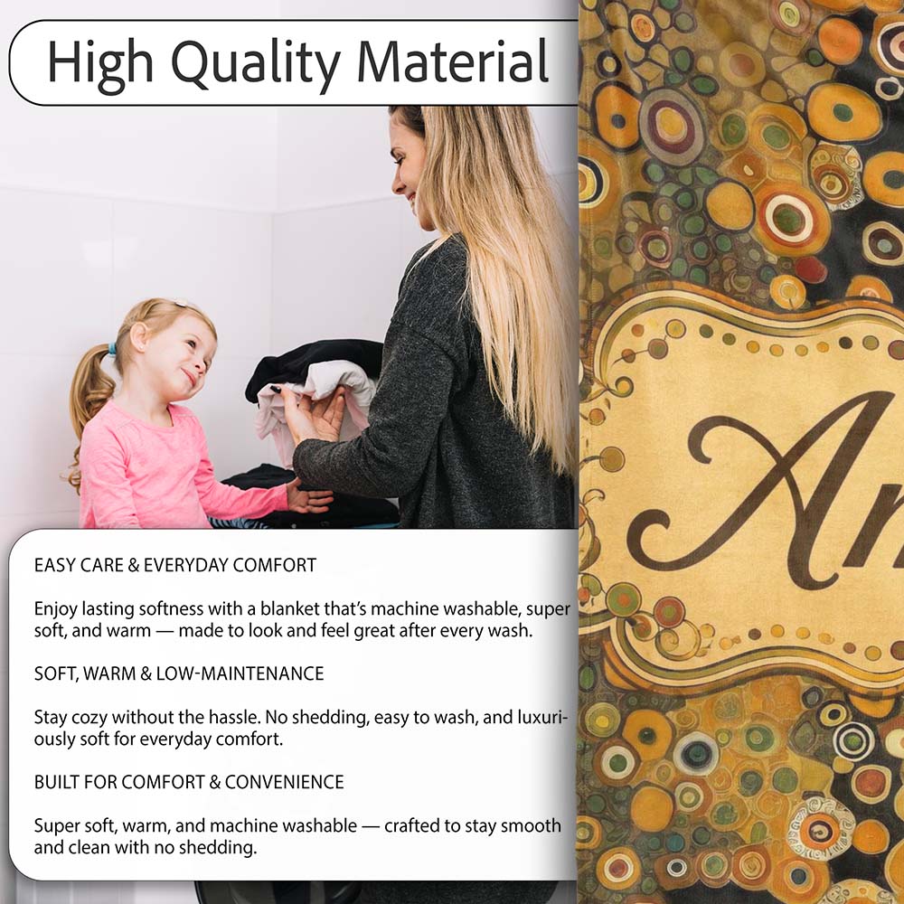 Golden Abstract Mosaic Circles Flowing Organic Shapes Seamless Personalised Custom Name Super Soft Fleece Blanket Bed Sofa Throw