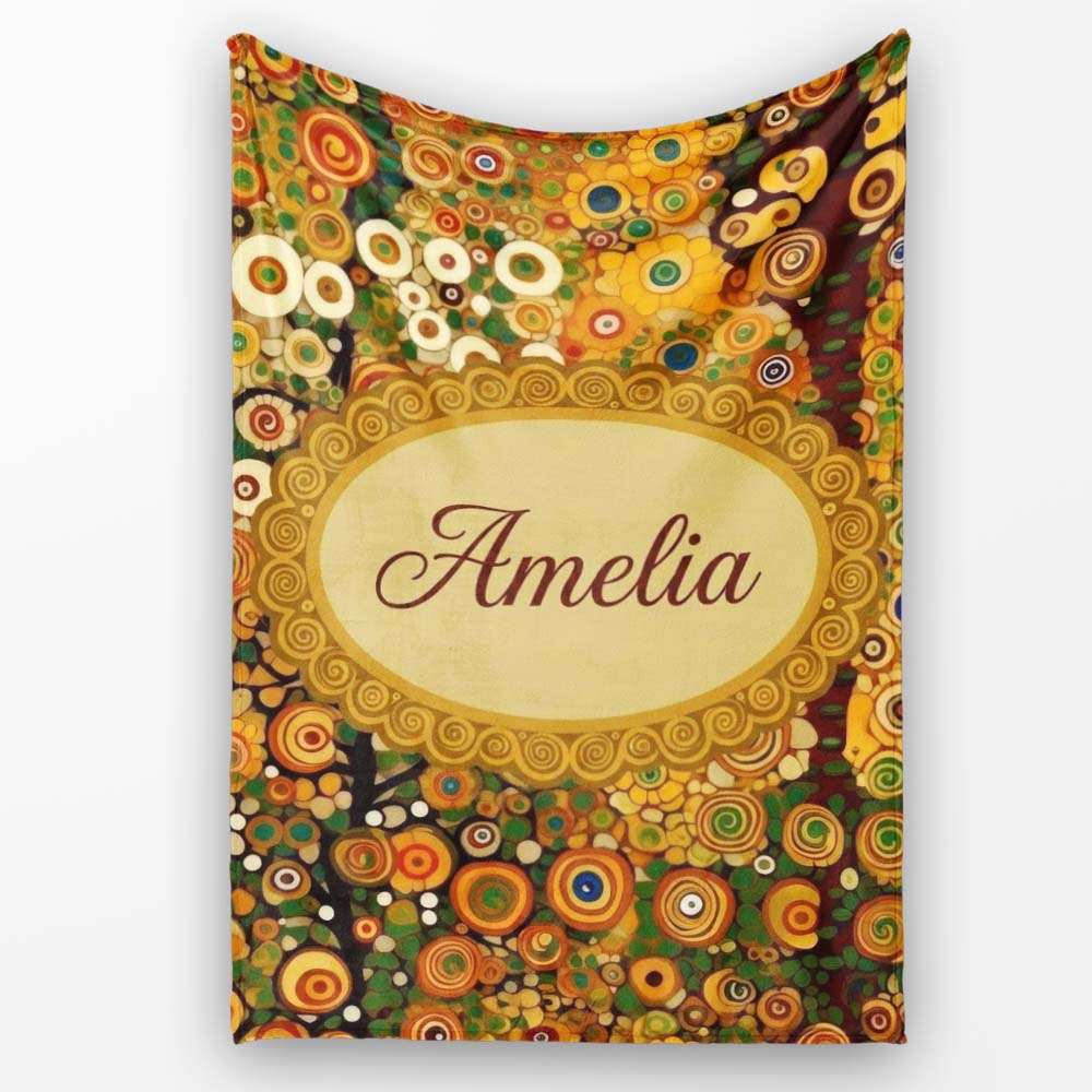 Vibrant Circular Floral Swirl Pattern Bold Yellow Artistic Seamless Personalised Custom Name Super Soft Fleece Blanket Bed Sofa Throw