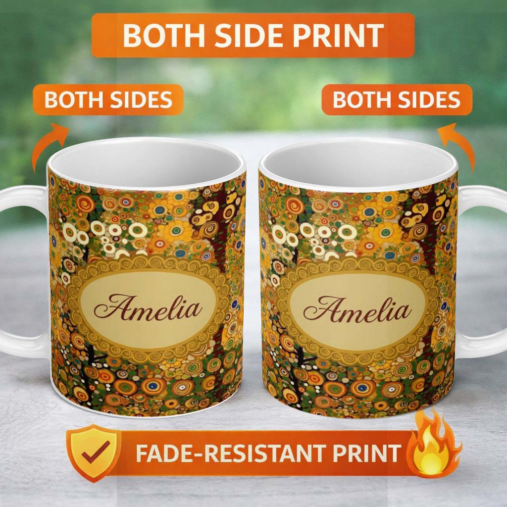 Personalized Custom Name Vibrant Circular Floral Swirl Pattern Bold Yellow Artistic Seamless 11oz Ceramic Coffee Tea Mug White Large Handle