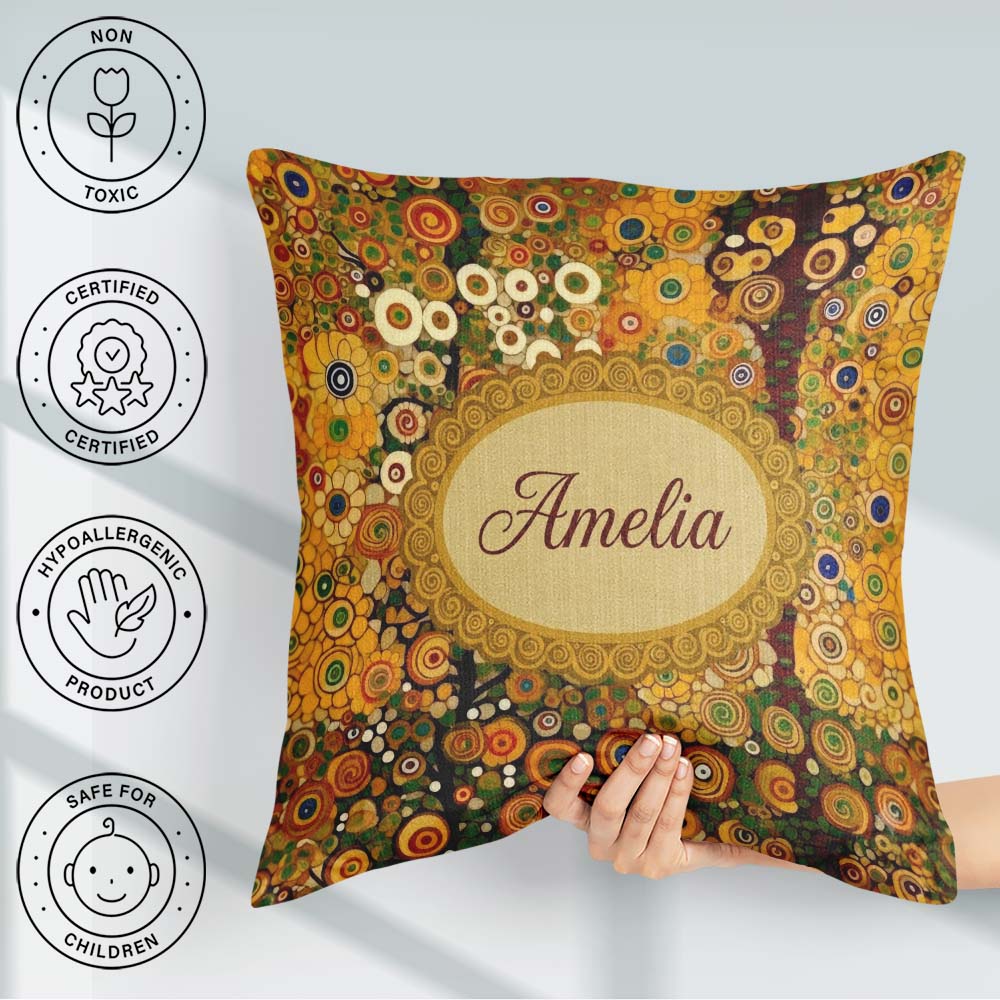 Custom Name Vibrant Circular Floral Pattern Bold Yellow Artistic Square Filled Cushion Throw Pillow Sofa Bed Home Decor Zip Washable UK Made