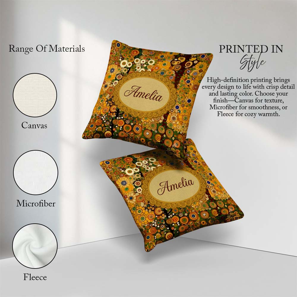 Custom Name Vibrant Circular Floral Pattern Bold Yellow Artistic Square Filled Cushion Throw Pillow Sofa Bed Home Decor Zip Washable UK Made