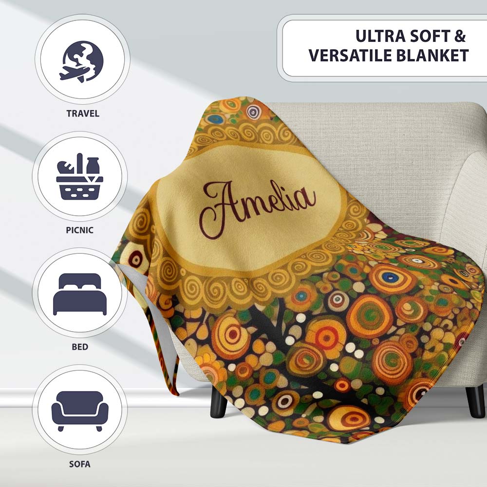 Vibrant Circular Floral Swirl Pattern Bold Yellow Artistic Seamless Personalised Custom Name Super Soft Fleece Blanket Bed Sofa Throw