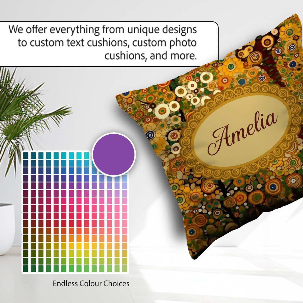 Custom Name Vibrant Circular Floral Pattern Bold Yellow Artistic Square Filled Cushion Throw Pillow Sofa Bed Home Decor Zip Washable UK Made