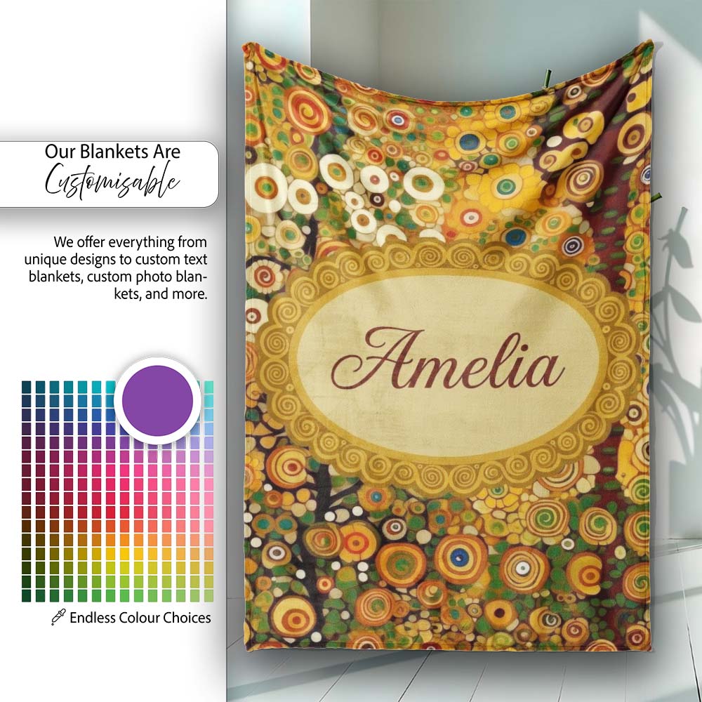 Vibrant Circular Floral Swirl Pattern Bold Yellow Artistic Seamless Personalised Custom Name Super Soft Fleece Blanket Bed Sofa Throw