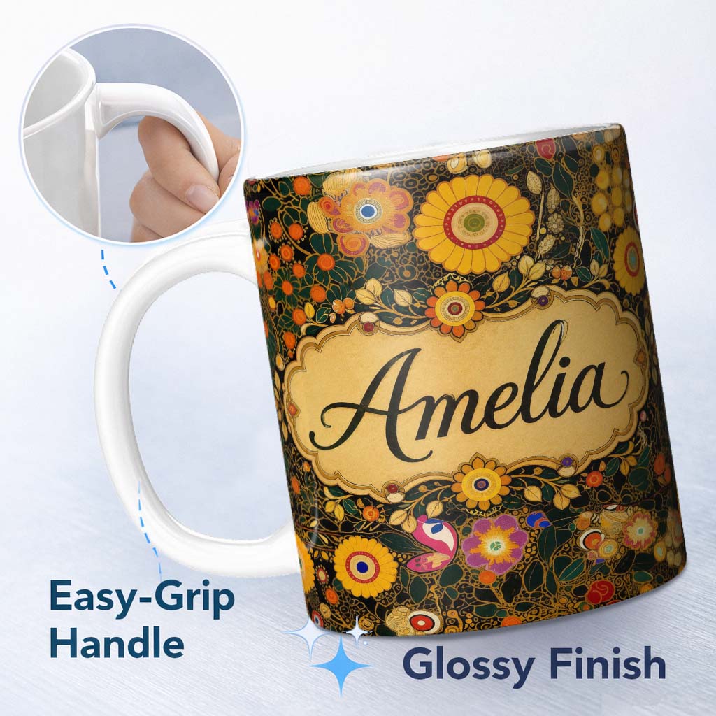 Personalized Custom Name Botanical Abstract Flowers Intricate Lines Bold Colors Seamless 11oz Ceramic Coffee Tea Mug White Large Handle
