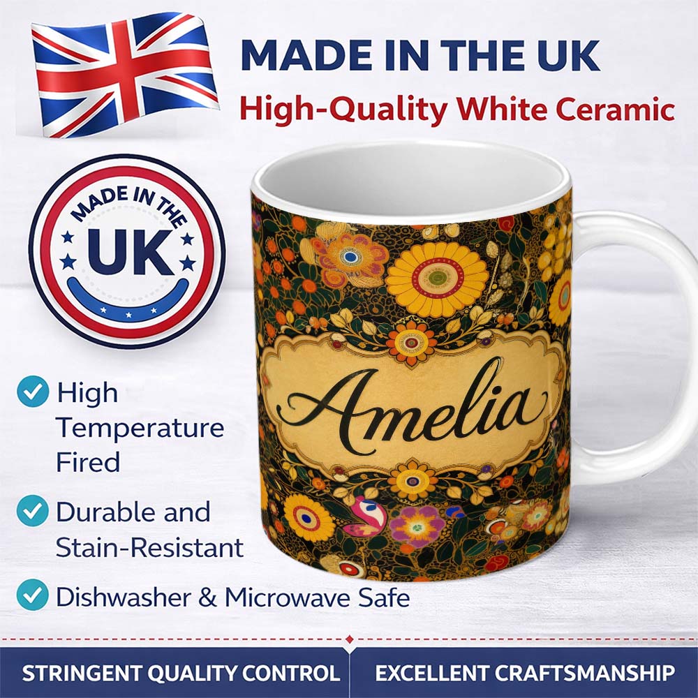 Personalized Custom Name Botanical Abstract Flowers Intricate Lines Bold Colors Seamless 11oz Ceramic Coffee Tea Mug White Large Handle
