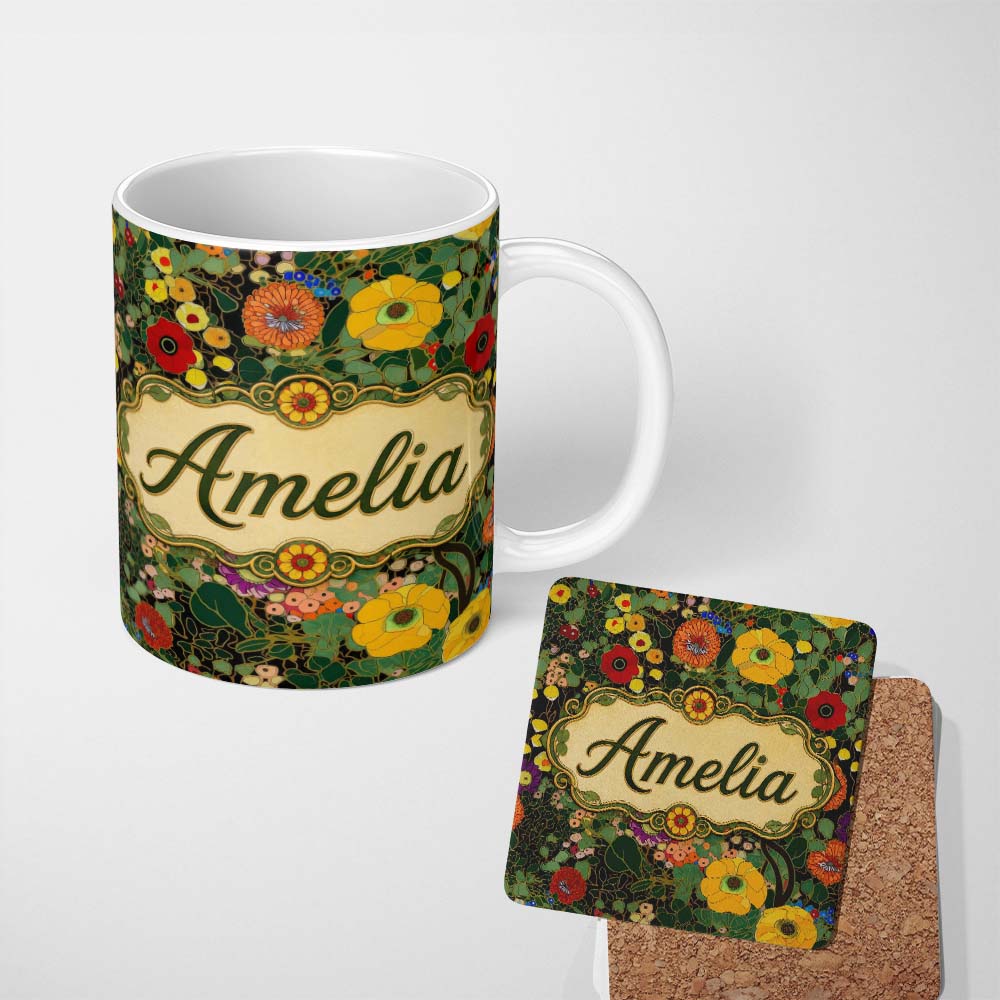 Personalized Custom Name Colorful Modern Floral Pattern Bright Leaves Artistic Seamless 11oz Ceramic Coffee Tea Mug White Large Handle