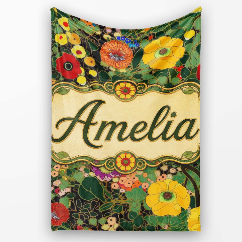 Colorful Modern Floral Pattern Bright Leaves Artistic Seamless Personalised Custom Name Super Soft Fleece Blanket Bed Sofa Throw