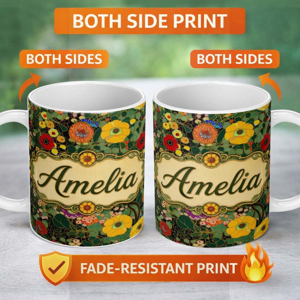 Personalized Custom Name Colorful Modern Floral Pattern Bright Leaves Artistic Seamless 11oz Ceramic Coffee Tea Mug White Large Handle