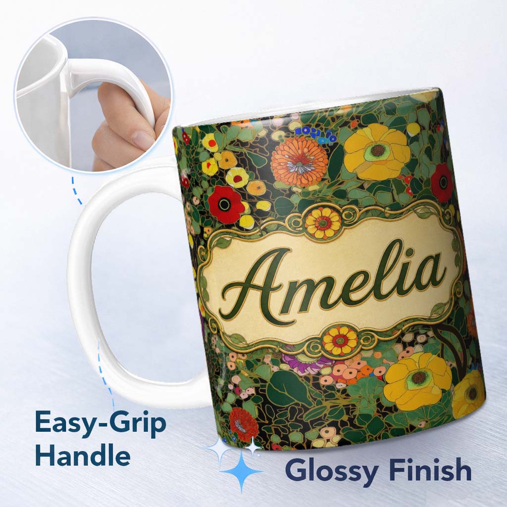Personalized Custom Name Colorful Modern Floral Pattern Bright Leaves Artistic Seamless 11oz Ceramic Coffee Tea Mug White Large Handle