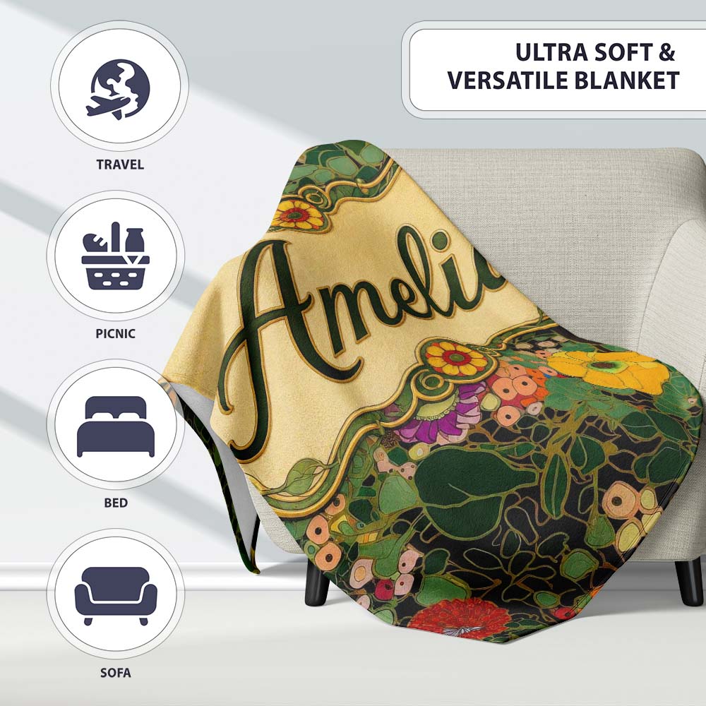 Colorful Modern Floral Pattern Bright Leaves Artistic Seamless Personalised Custom Name Super Soft Fleece Blanket Bed Sofa Throw