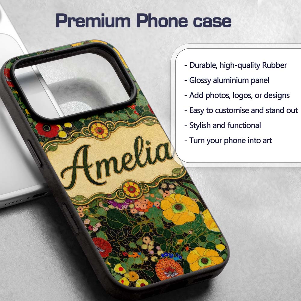 Colorful Modern Floral Pattern Bright Leaves Custom Name Protective Phone Case Mobile Cover Durable Everyday Smartphone Shock Resistant