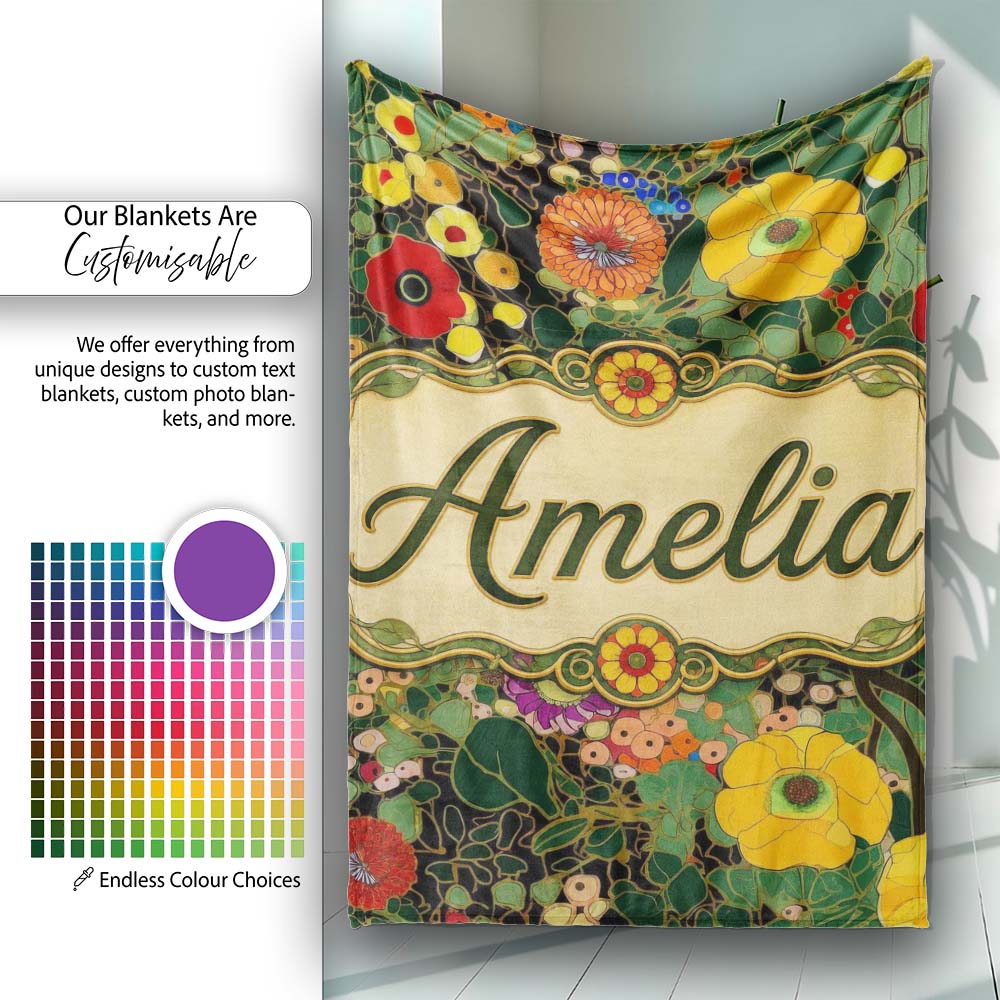Colorful Modern Floral Pattern Bright Leaves Artistic Seamless Personalised Custom Name Super Soft Fleece Blanket Bed Sofa Throw