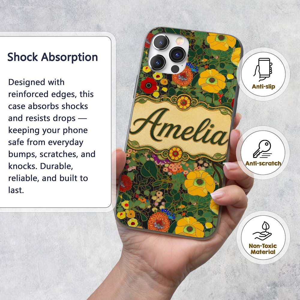 Colorful Modern Floral Pattern Bright Leaves Custom Name Protective Phone Case Mobile Cover Durable Everyday Smartphone Shock Resistant