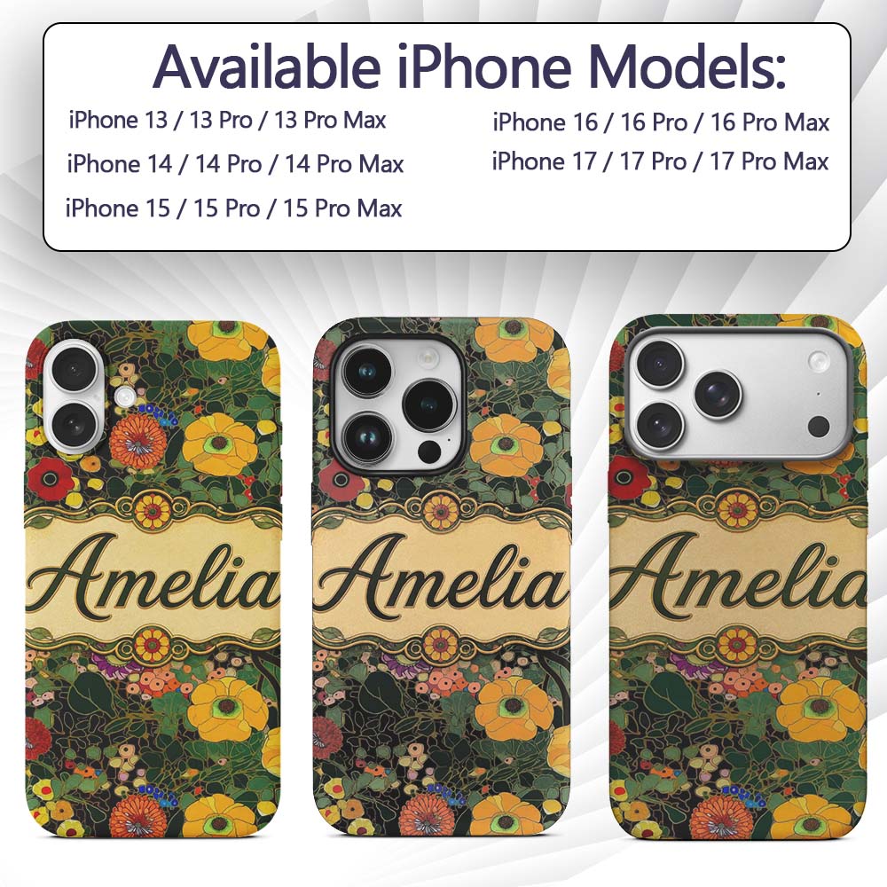 Colorful Modern Floral Pattern Bright Leaves Custom Name Protective Phone Case Mobile Cover Durable Everyday Smartphone Shock Resistant