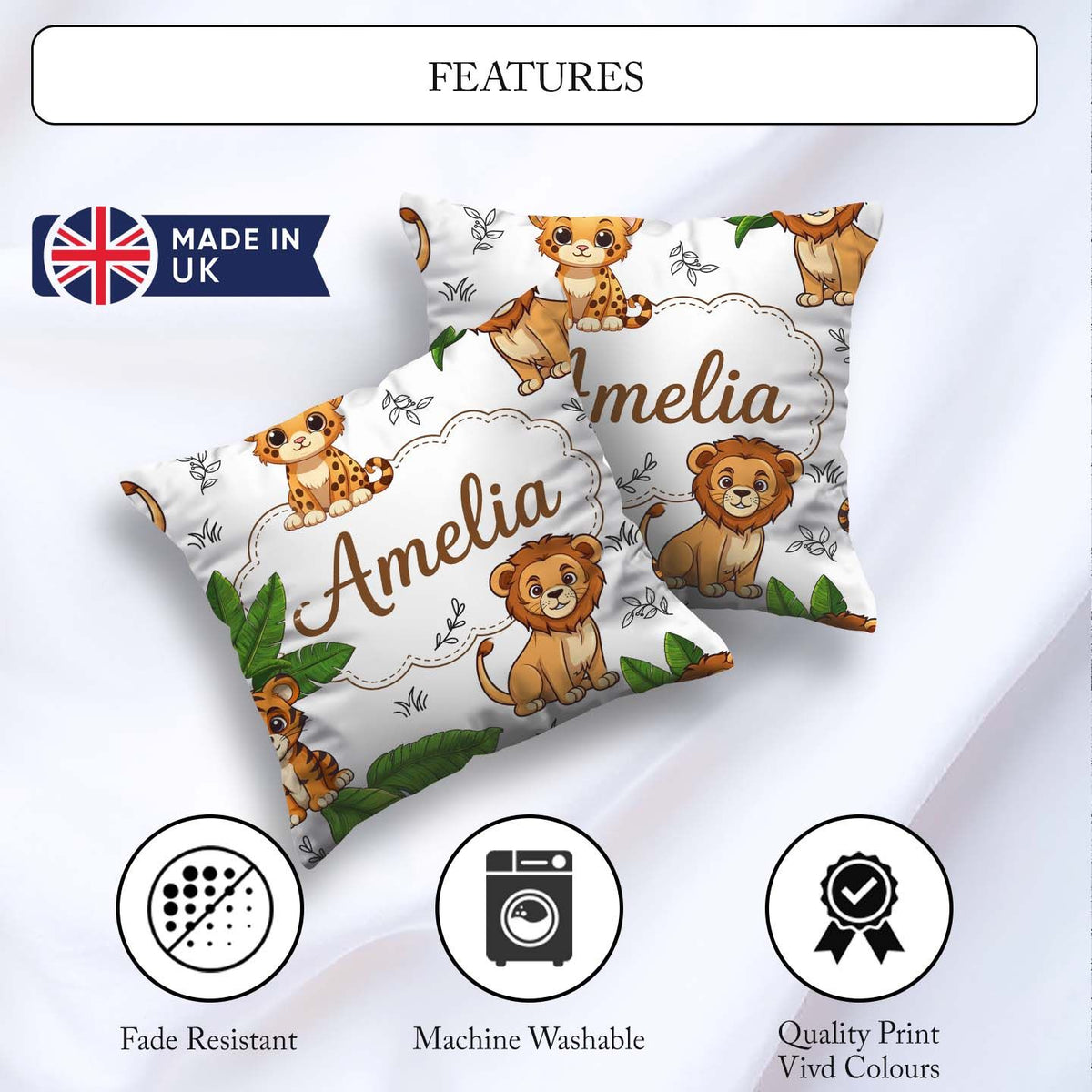Custom Name Cute Jungle Animals Lion Tiger Blush Pink Background Square Filled Cushion Throw Pillow Sofa Bed Home Decor Zip Washable UK Made